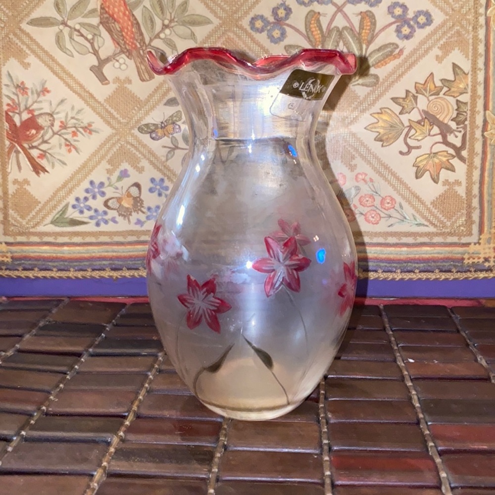 LENOX Etched Glass Vase Cranberry Pink Flowers Scalloped Rim 6 Inch